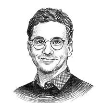 Gezeichnetes schwarz-weißes Porträt eines Mannes mit Brille.