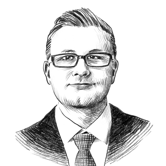 Gezeichnetes Porträt eines Mannes mit Brille und Krawatte, sachlich dargestellt.