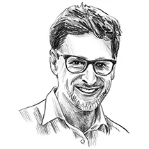 Schwarz-weiße Porträtillustration eines Mannes in zeichnerischer Darstellung.