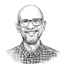 Schwarz-weiße Illustration eines Mannes mit Brille als Porträtzeichnung.