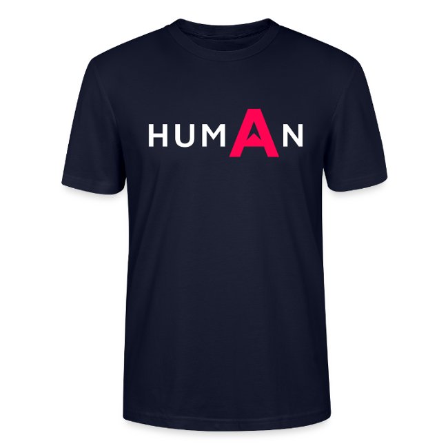 Dunkelblaues T-Shirt mit dem Schriftzug "HUMAN", bei dem der Buchstabe "A" in leuchtendem Pink hervorgehoben ist.