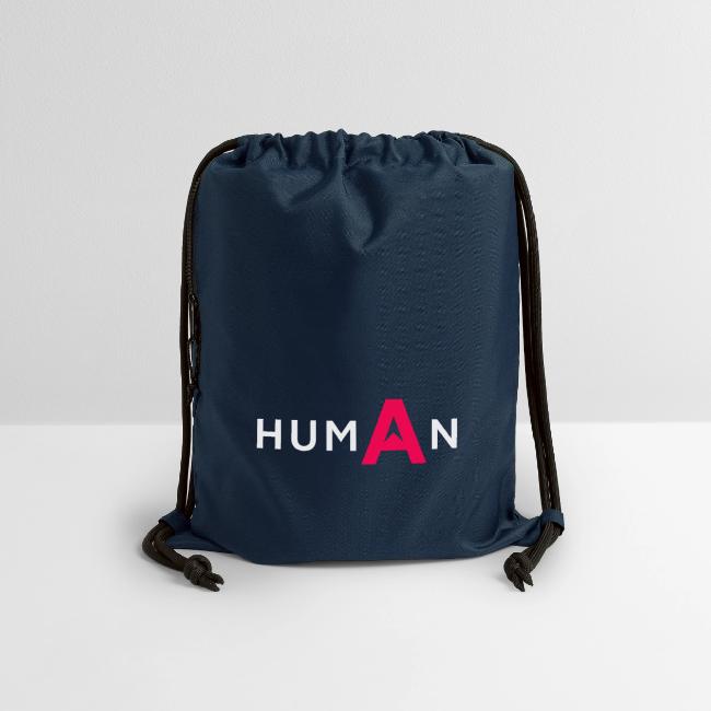 Dunkelblauer Turnbeutel mit Kordelzug und dem Schriftzug "HUMAN", wobei der Buchstabe "A" in leuchtendem Pink hervorgehoben ist.