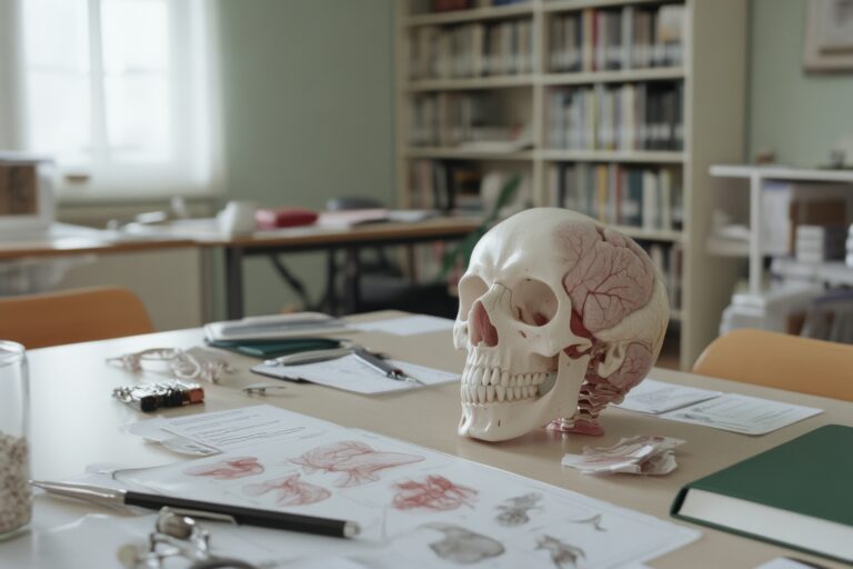 Ein anatomisches Schädelmodell steht auf einem Tisch mit medizinischen Zeichnungen, Unterlagen und Schreibmaterialien. Im Hintergrund ist ein Unterrichtsraum mit Bücherregalen zu sehen.