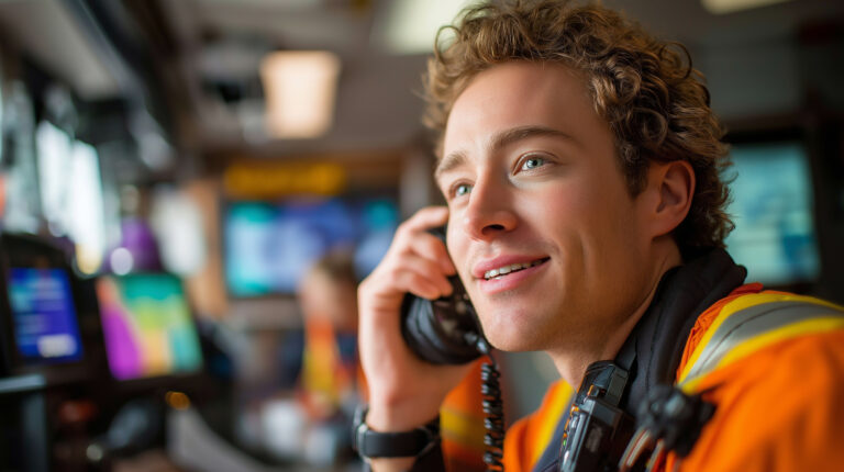 Ein junger Einsatzmitarbeiter in orangefarbener Schutzkleidung spricht über ein Funkgerät und wirkt konzentriert sowie zuversichtlich. Im Hintergrund sind unscharf Monitore und technische Geräte zu erkennen, die auf eine Leitstelle oder Einsatzzentrale hinweisen.