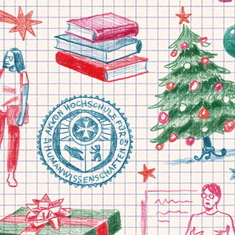 Illustration mit kariertem Hintergrund, auf dem ein Stapel Bücher, ein geschmückter Weihnachtsbaum, das Siegel der Akkon Hochschule sowie weitere weihnachtliche und studienbezogene Elemente dargestellt sind.