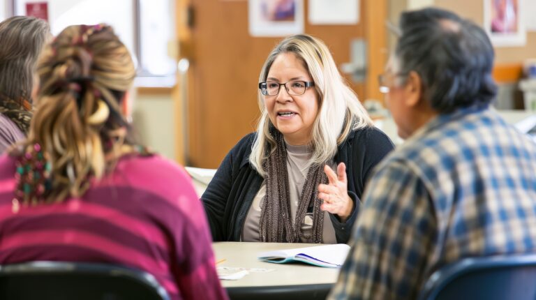 Dozentin im Gespräch mit zwei Teilnehmenden an einem Tisch in einem Seminarraum.