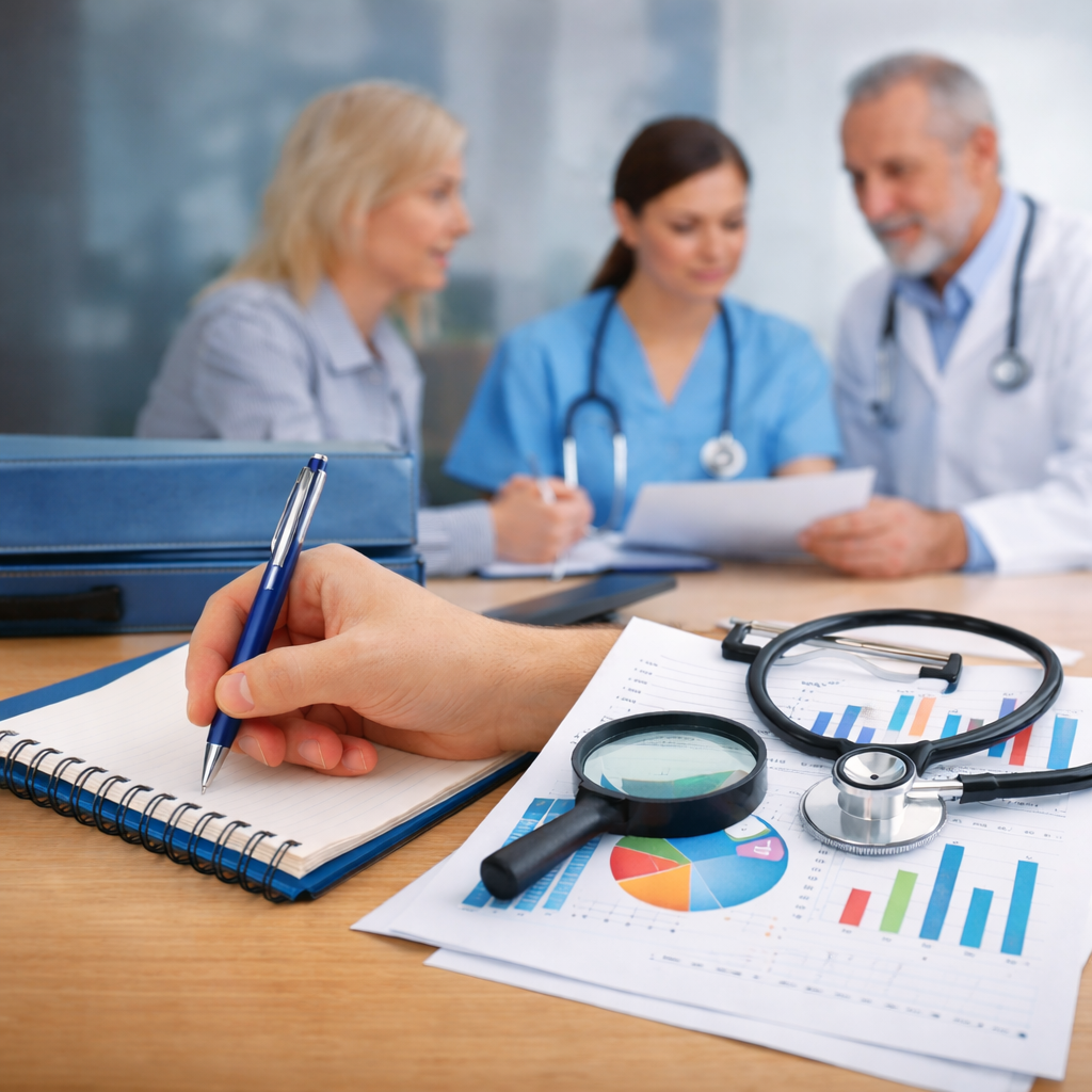 Arbeits- und Forschungssituation im Gesundheitswesen: Im Vordergrund liegen Notizbuch, Stift, Stethoskop und Auswertungsunterlagen mit Diagrammen, im Hintergrund besprechen Pflegefachperson und Ärzt*innen gemeinsam Dokumente.